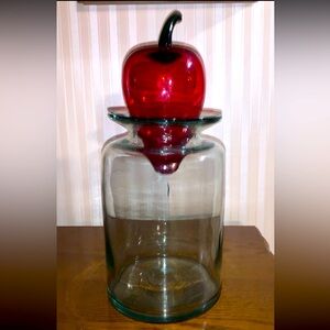 SOLD - Mexican Hand Blown Clear Glass Canister W Red Chili Pepper Stopper